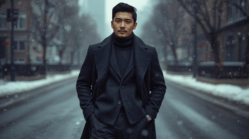 Men's Winter Wear 2025: Warm, Stylish and Effortlessly Cool a confident man standing in a winter city street, layered outfit, hands in coat pockets, bold yet minimal style, soft snowfall, cinematic confidence shot