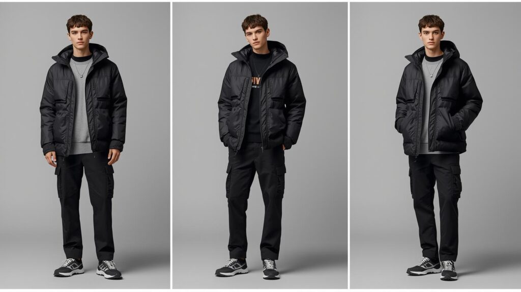 Men's Winter Wear 2025: Warm, Stylish and Effortlessly Cool a puffer in matte black over slim cargos and sneakers, in an instant, has that very gen z streetwear feel.