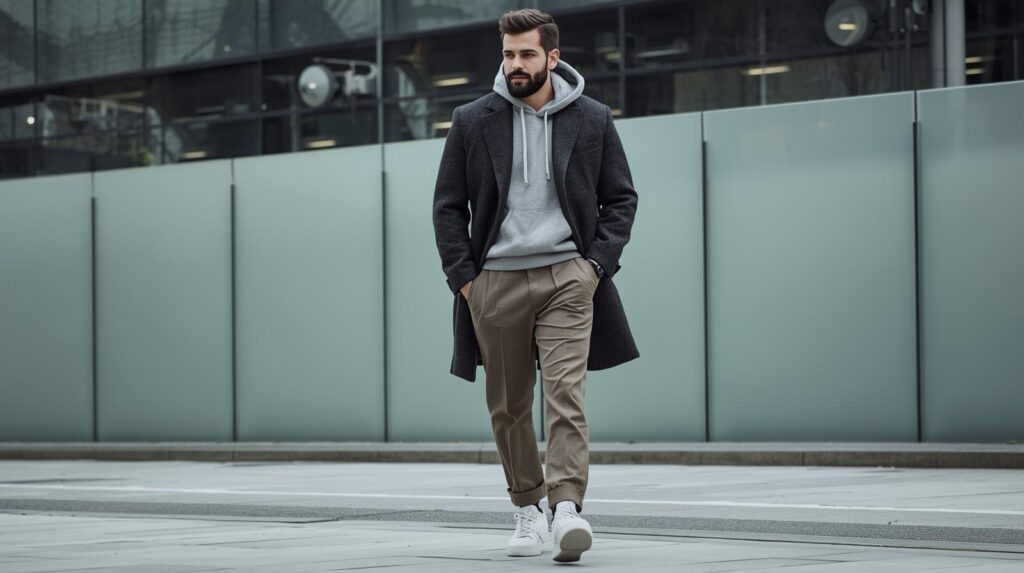 Men's Winter Wear 2025: Warm, Stylish and Effortlessly Cool a stylish man walking through a modern city in winter wear, layered outfit with a wool overcoat over a hoodie, wide leg trousers, chunky sneakers