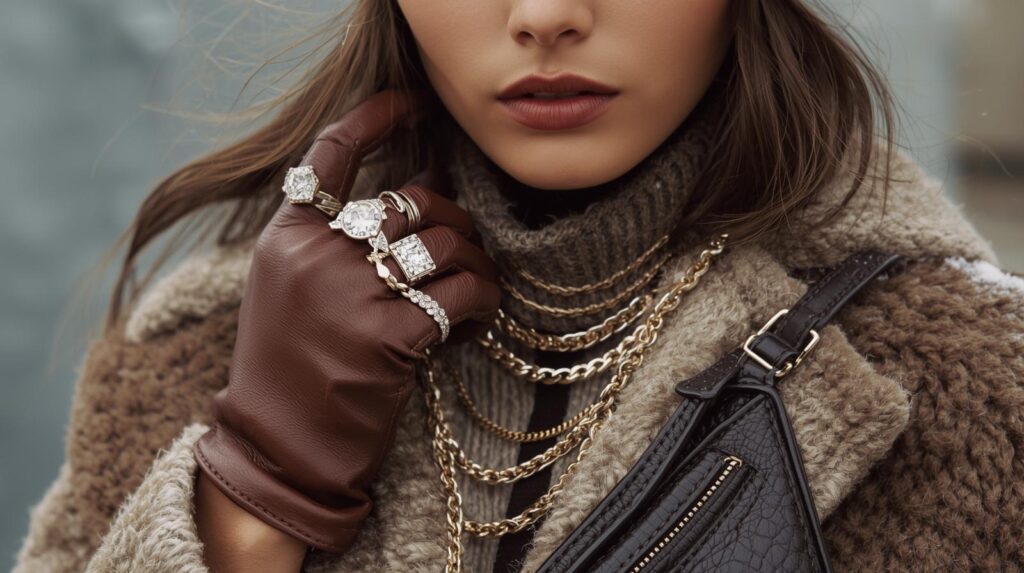 Men's Winter Wear 2025: Warm, Stylish and Effortlessly Cool close up winter fashion shot highlighting beanies, leather gloves, silver and gold rings, layered chains, crossbody bag, neutral winter outfit, luxury meets street style