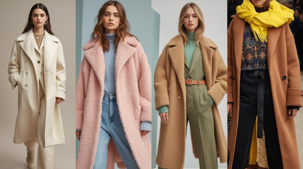 Men's Winter Wear 2025: Warm, Stylish and Effortlessly Cool fashion collage featuring four winter color themes neutral luxury tones, pastel winter outfits, earthy camel and olive shades, bold gen z streetwear color contrasts