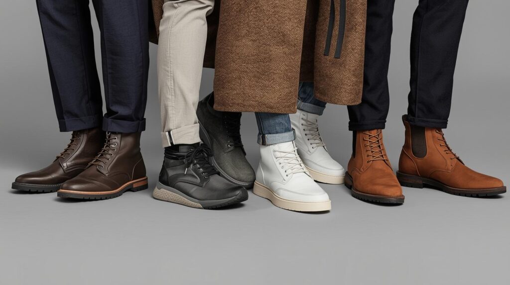 Men's Winter Wear 2025: Warm, Stylish and Effortlessly Cool men’s winter footwear lineup including chelsea boots, chunky sneakers, combat boots, and suede desert boots, styled with winter outfits, clean studio lighting