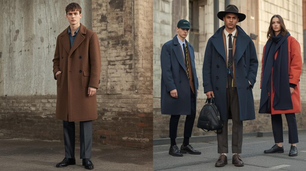 Men's Winter Wear 2025: Warm, Stylish and Effortlessly Cool split style fashion image showing evolution of men’s winter wear—from vintage bulky coats to modern sleek layered outfits, urban background, muted tones transitioning to bold gen z styling