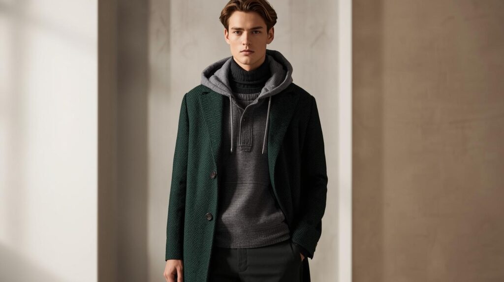 Men's Winter Wear 2025: Warm, Stylish and Effortlessly Cool three layer winter outfit on male model turtleneck base, hoodie middle layer, wool coat outer layer, contrasting textures, minimal background, fashion editorial style